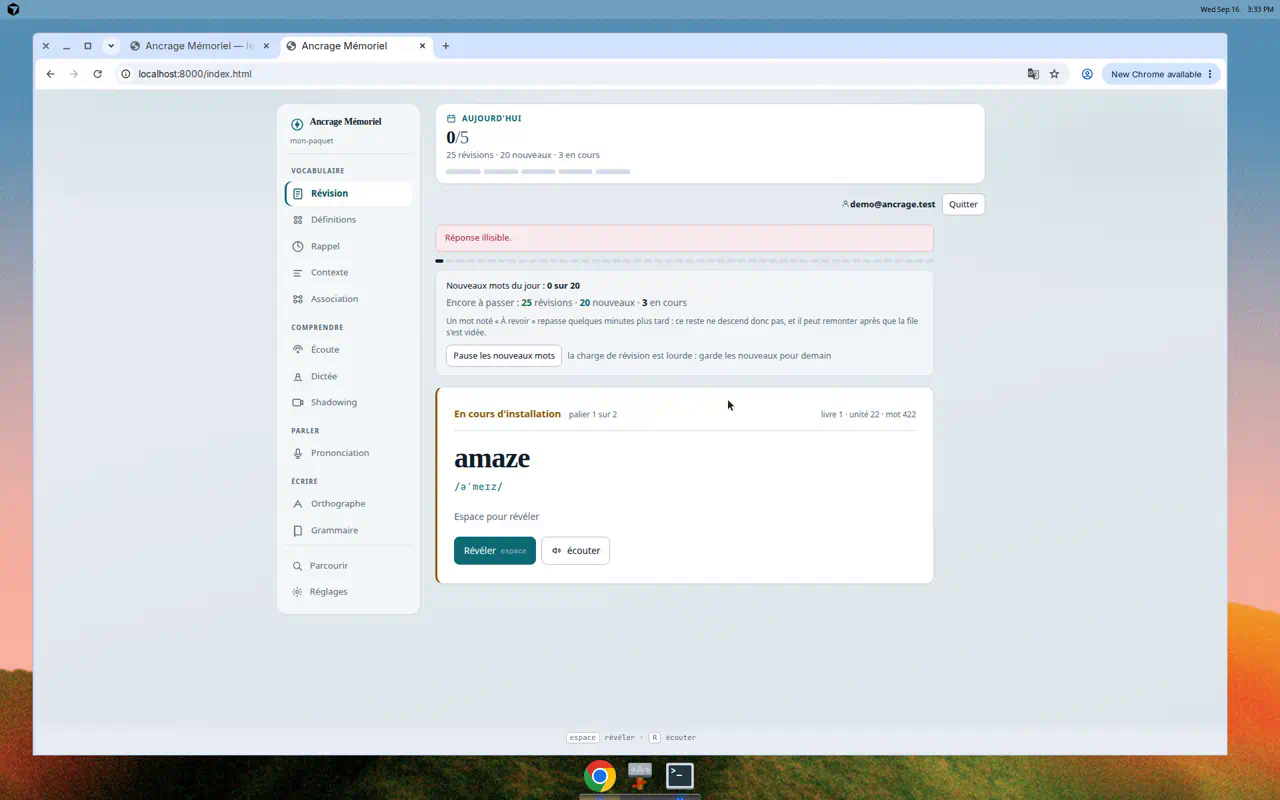 Capture de la vue Révision dans EmpreinteLingua : carte du jour, décompte et notes de mémorisation.